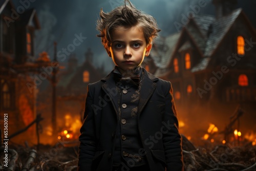 Child dressed as a spooky vampire with fake fangs, standing in front of a haunted house backdrop, Generative AI