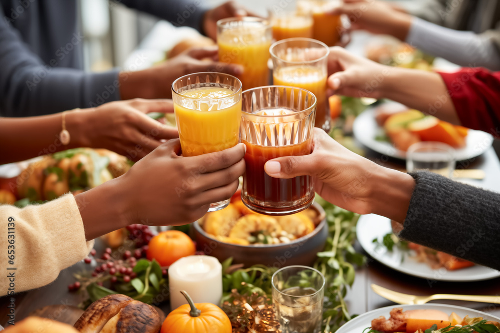 Group of multi ethnic friends having sober dinner and toasting non-alcoholic beverages