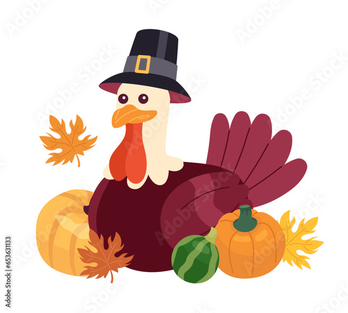 Thanksgiving pilgrim turkey in pumpkins fall 2D cartoon character. Wearing hat capotain poultry fowl isolated vector animal white background. Harvest autumn celebrate color flat spot illustration photo