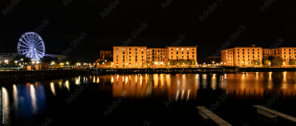 Liverpool, united kingdom May, 16, 2023 Reflection of the Albert Dock at night