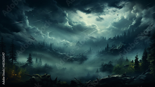 fantasy forest and mountain landscape. mixed media.