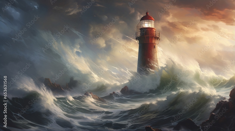 a rain-swept coastal lighthouse, standing sentinel against the stormy ...