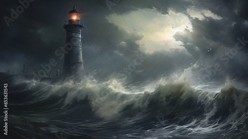 a rain-swept coastal lighthouse, standing sentinel against the stormy seas, its beacon guiding ships to safety