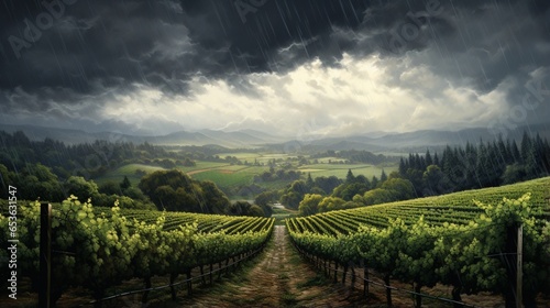 a rain-sprinkled vineyard  where the vines stretch toward the sky  embracing the rain s gift of life and flavor