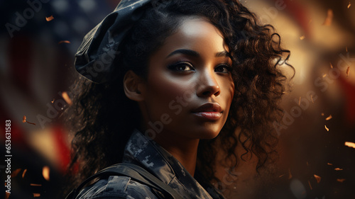 portrait of a beautiful american woman with american flag in her hair