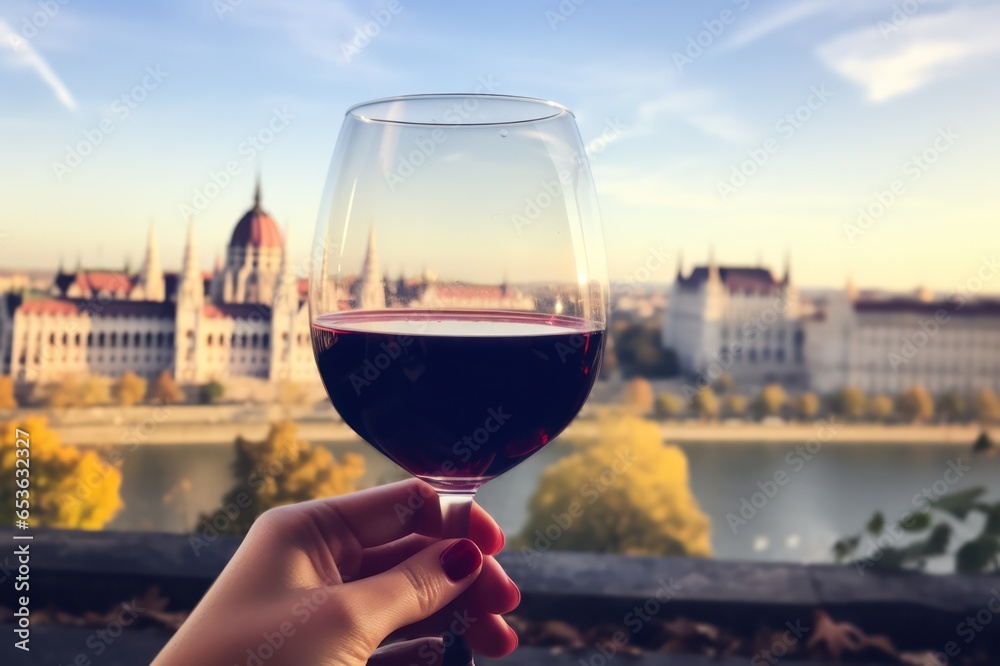 Fototapeta premium person drinking red wine at sunset in Budapest, Hungary. Hand holding a wineglass with city view.