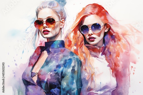 two beautiful women in sunglasses fashion watercolor illustration. Trendy card or party invitation, t-shirt print, tote bag design, shopping mall banner, beauty or optics salon poster.
