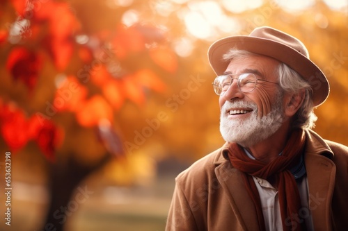 senior man smiling in autumn park. Portrait of elegant middle aged bearded guy enjoying life. Bank retirement program poster. Financial investment services. 