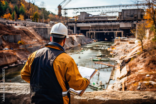 Worker supervising the construction of a hydroelectric plant photo