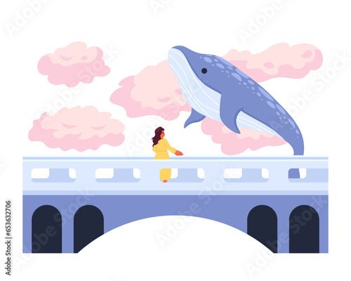 Flying whale above bridge with woman 2D illustration concept. Fairy tale fantasy animal isolated cartoon character, white background. Humpback whale in clouds sky metaphor abstract flat vector graphic