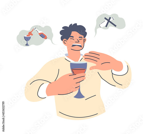 Male character refusing to drink alcohol, vector