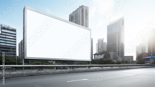Large empty white billboard stands at roadside in city, set against backdrop of blue sky and houses. Copy space banner background for advertising.