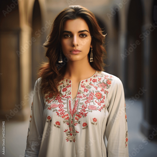 A woman wearing kurti with intricate floral embroidery, elegant and cultural photo