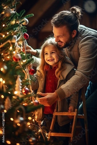 Father and daughter are helping decorate the Christmas tree. On the coming Christmas day.