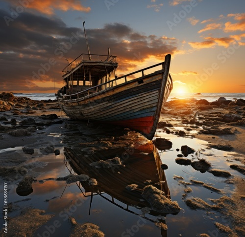 Boat at sunset generative ai