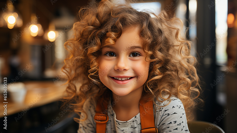 beautiful young woman with curly red hair in a cafe