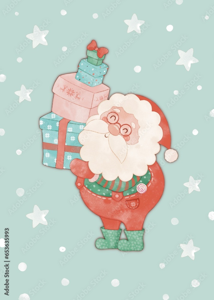 Fototapeta premium Cute Santa Claus. Printable Christmas card. Merry Christmas digital greeting card. Happy New year card. Christmas wall art print. Holiday decor