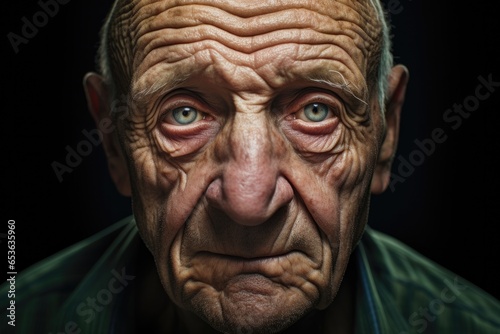 Portrait of old elderly upset unhappy man with a wrinkled face living alone.