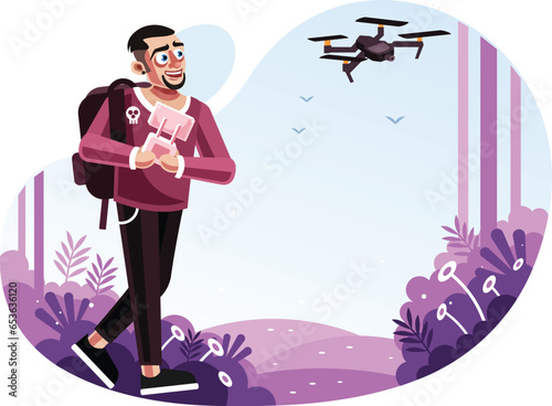 Man operating a drone with remote control