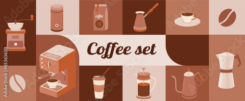 Set of coffee elements. Coffee supplies icons. Maker, French press, pot, coffee machine, grinder, grains. Hand drawn modern Vector illustration