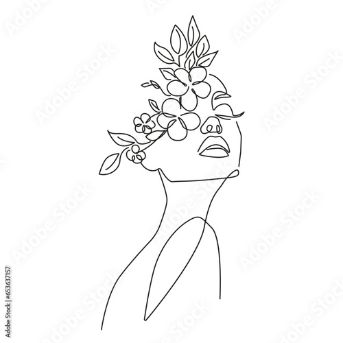 Woman Face with Flowers Line Art Vector Drawing. Style Template with Female Head with Flowers. Modern Minimalist Simple Linear Style. Beauty Fashion Design 