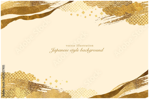 ゴールドの筆のラインと和柄の雲模様の背景
