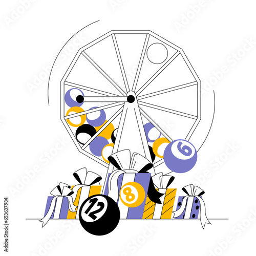 The lottery reel spins with numbered balls. Prize drawing. Vector illustration in a modern style.