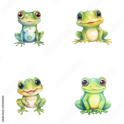 set of cute frog watercolor illustrations for printing on baby clothes, sticker, postcards, baby showers, games and books, safari jungle animals vector