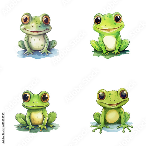 set of cute frog watercolor illustrations for printing on baby clothes, sticker, postcards, baby showers, games and books, safari jungle animals vector
