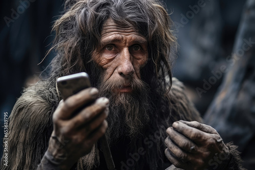 wildman caveman holding mobile phone, smartphone, technology development concept