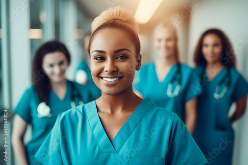 Dedicated Nursing Student Stands with Her Team in Hospital Scrubs: Embracing the Medical Intern Role