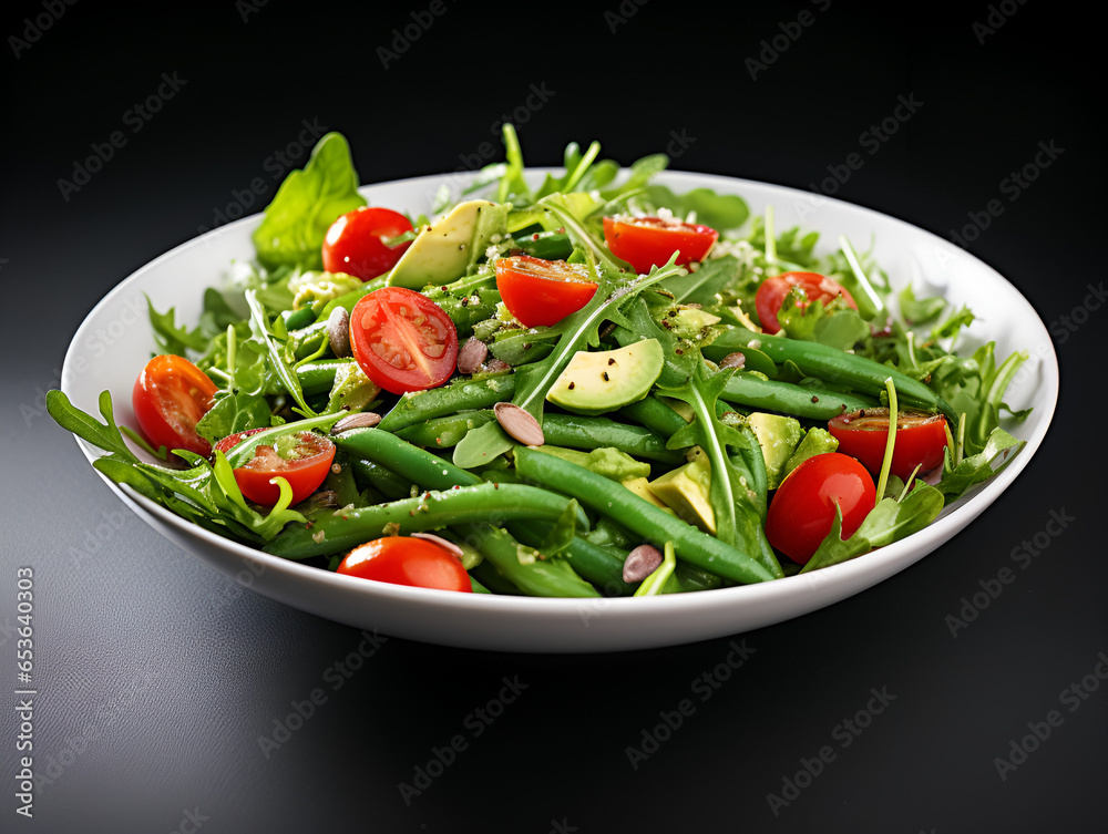 Vegan salad with green beans and fresh vegetables on white plate, kitchen table with blurred background