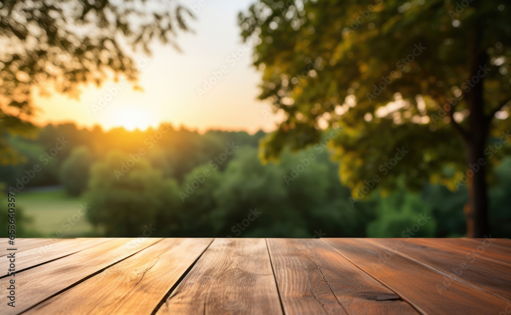 Wooden table against a background of blurred trees at sunset. Copyspace for text Wooden table against a background of blurred trees at sunset. Copyspace for text