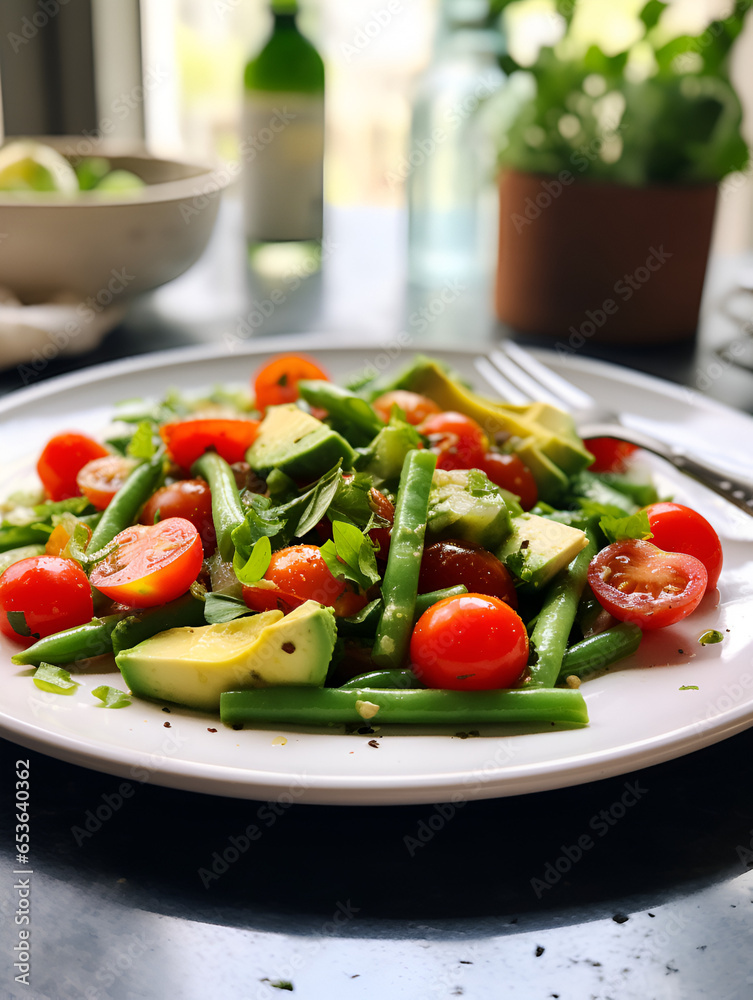 Vegan salad with green beans and fresh vegetables on white plate, kitchen table with blurred background