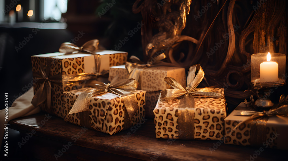 cajas de regalo envuelto con papel leopardo