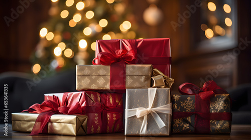 cajas de regalo variadas rojas y doradas de navidad.