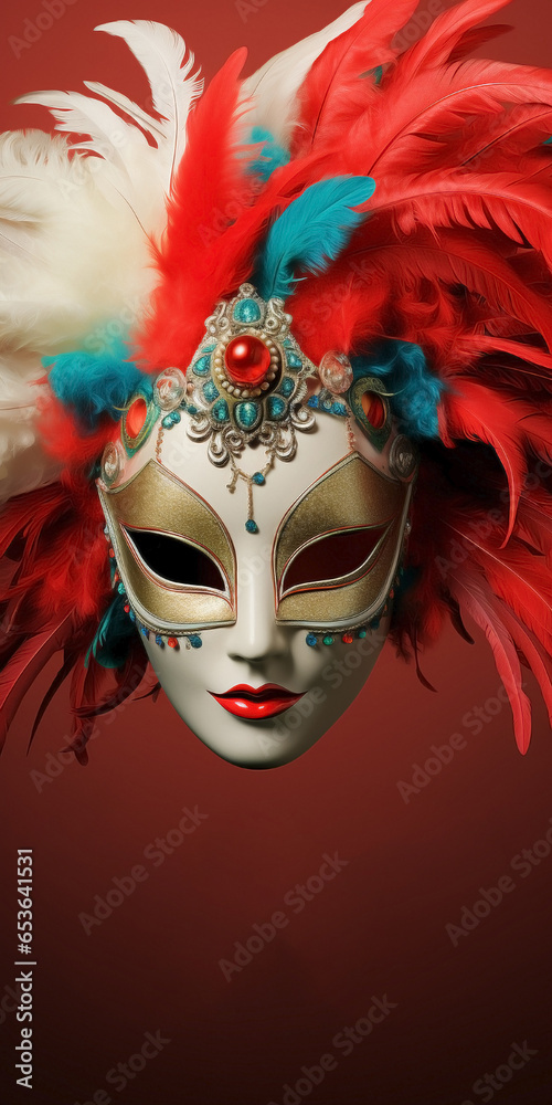 Venice carnival mask on red background.