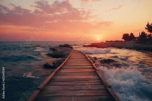 Wooden pier on ocean or sea at sunset  perspective view