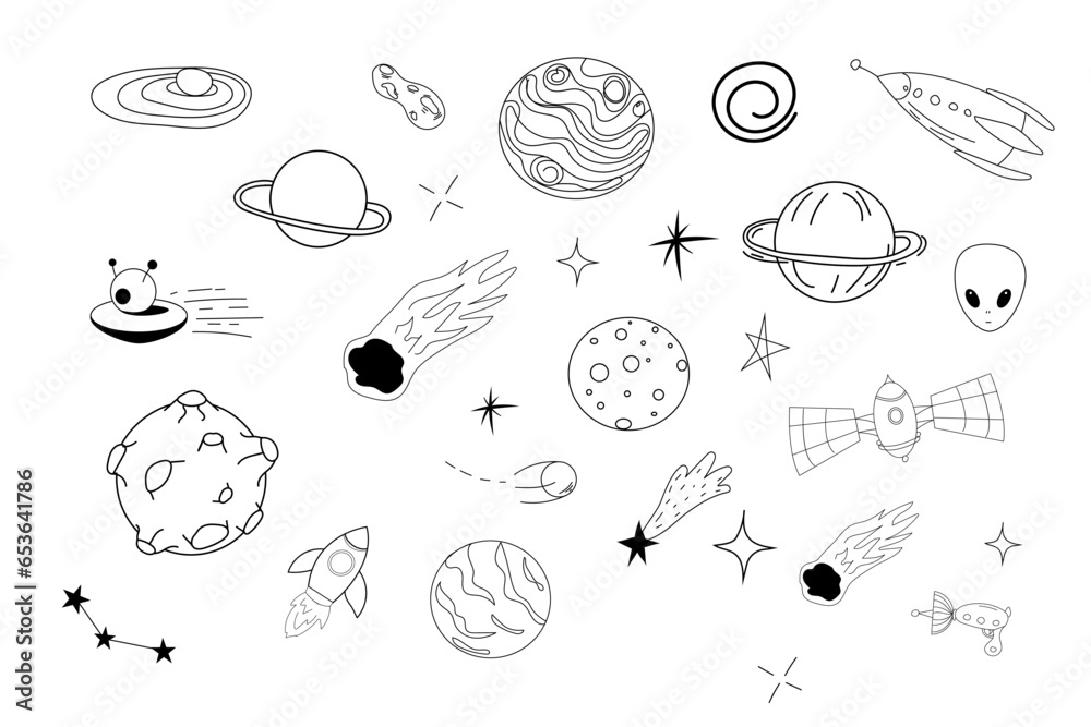 Obraz premium Set space elements ufo spaceship, rocket, satellite, stars and planets in doodle style isolated. Hand drawn collection 