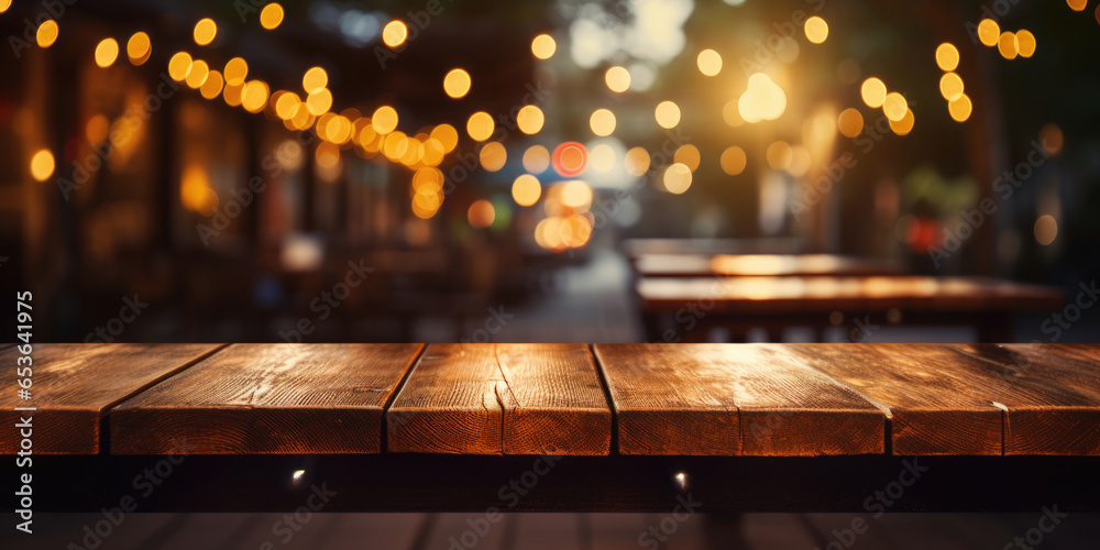 wooden table in front of blurred background with bokeh