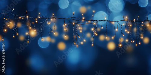 Christmas blue and orange garland bokeh background. Festive magical background. Generative AI