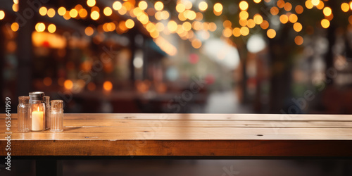 wooden table in front of blurred background with bokeh. Copyspace for text © Michael