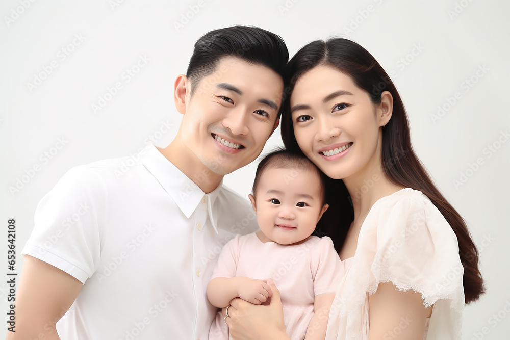 Studio portrait of beautiful parents with infant baby holding on hands on different colours background Studio portrait of beautiful parents with infant baby holding on hands on different colours background