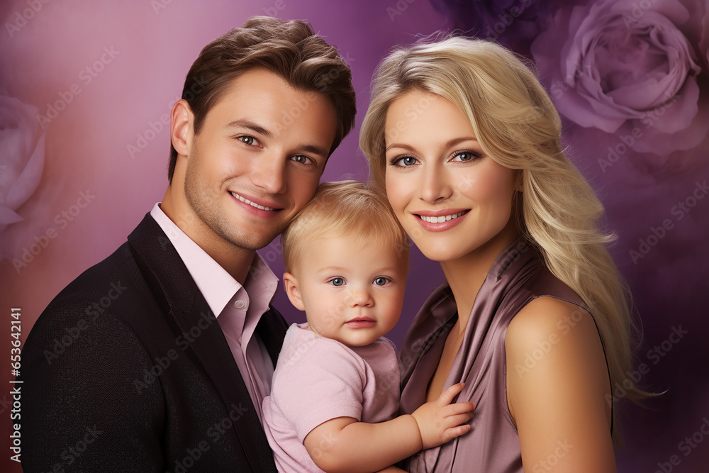 Studio portrait of beautiful parents with infant baby holding on hands on different colours background Studio portrait of beautiful parents with infant baby holding on hands on different colours background