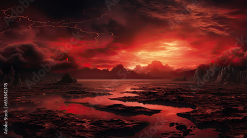 The surface and the island of red water scenery. Sky with clouds. Bloody sunset background with copy space for design. War  apocalypse  armageddon  nightmare  halloween  evil  horror concept.
