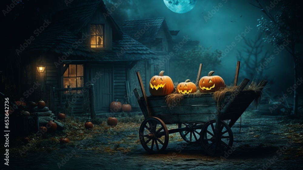 pumpkin is sitting in a wheelbarrow by a house on Halloween - obrazy, fototapety, plakaty 