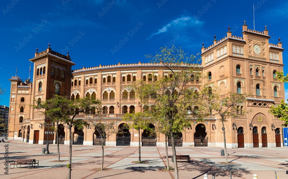 Madrid, Spain - August 18, 2023: Las Ventas Bullring, a Moorish style building situated in the Guindalera quarter in Madrid, Spain.