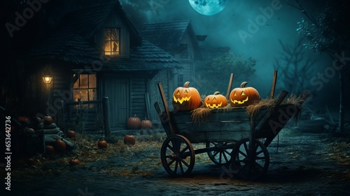 pumpkin is sitting in a wheelbarrow by a house on Halloween