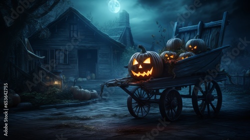 Foto pumpkin is sitting in a wheelbarrow by a house on Halloween
