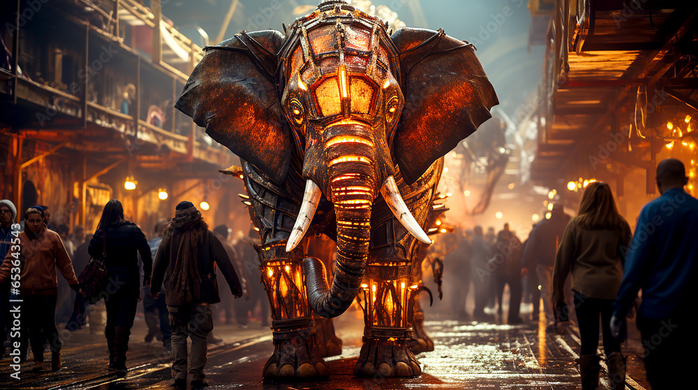 A mechanical elephant made of gears moves forward across a glowing background